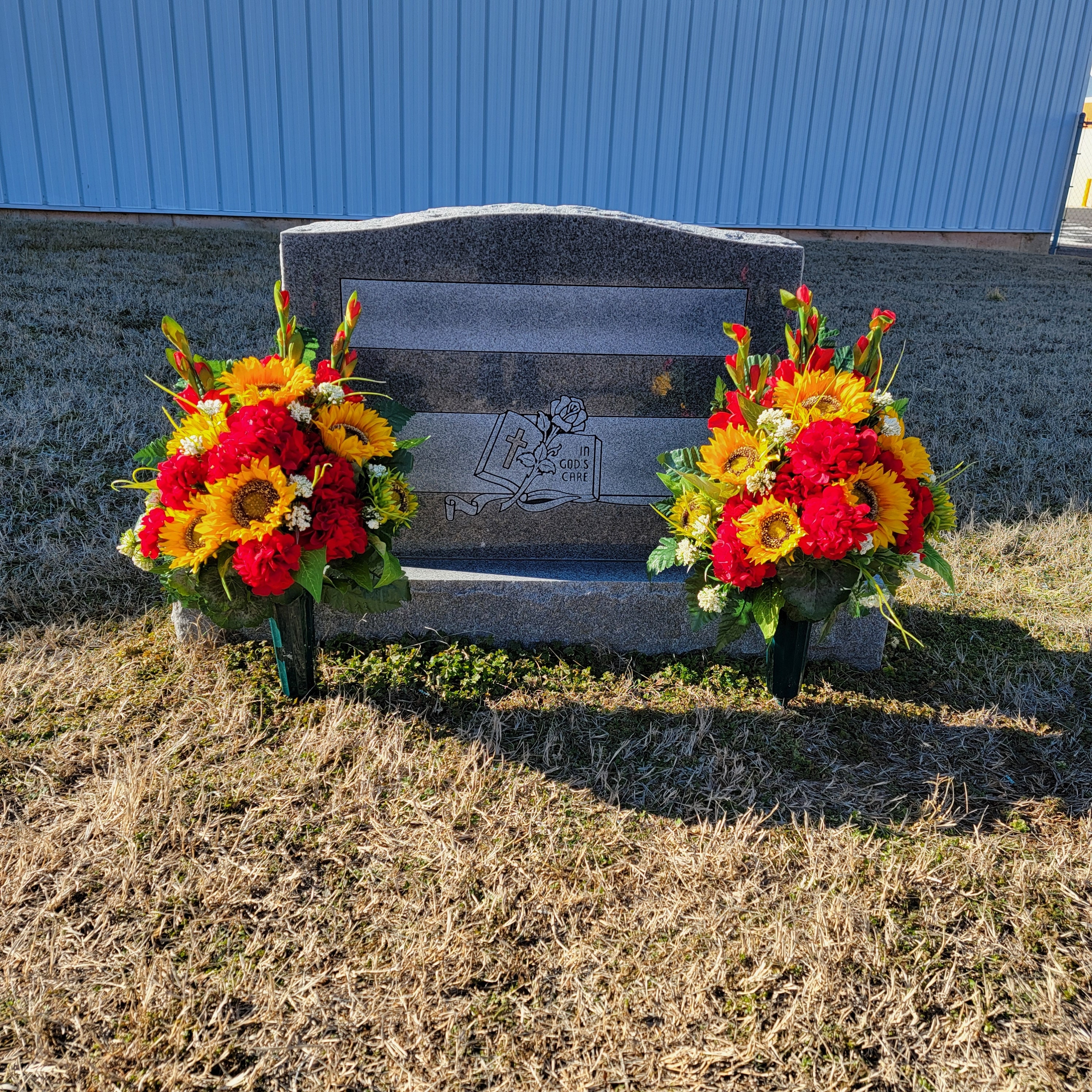 Grave Flowers with Cemetery Cone Pair and Sunflower Geranium Mix