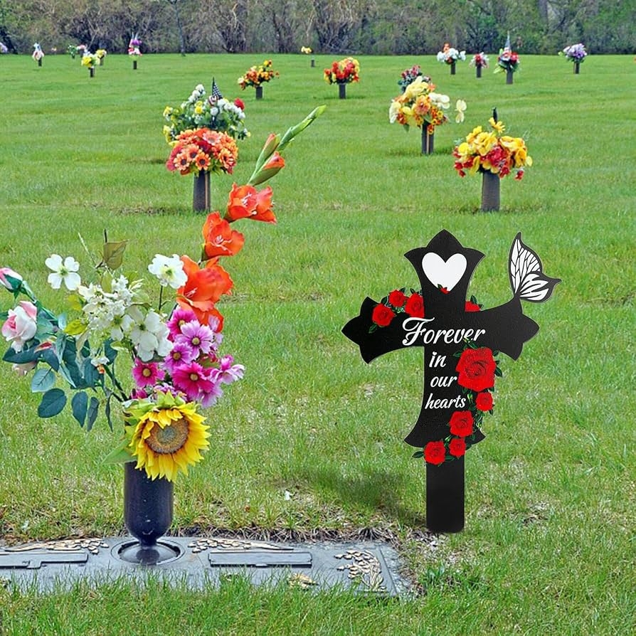 Grave Marker Black Memorial Cross Marker with Butterfly Silhouette