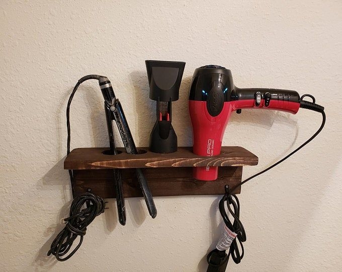 Hair Dryer Holder: Walnut brown dark wood vanity storage with hooks