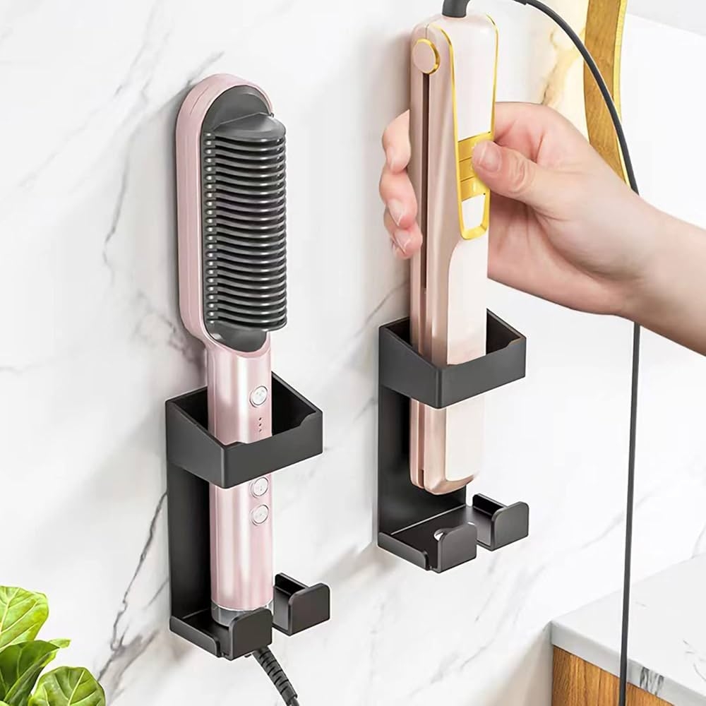 Hair Tool Holder: Matte black plug hook wall mount for cable management