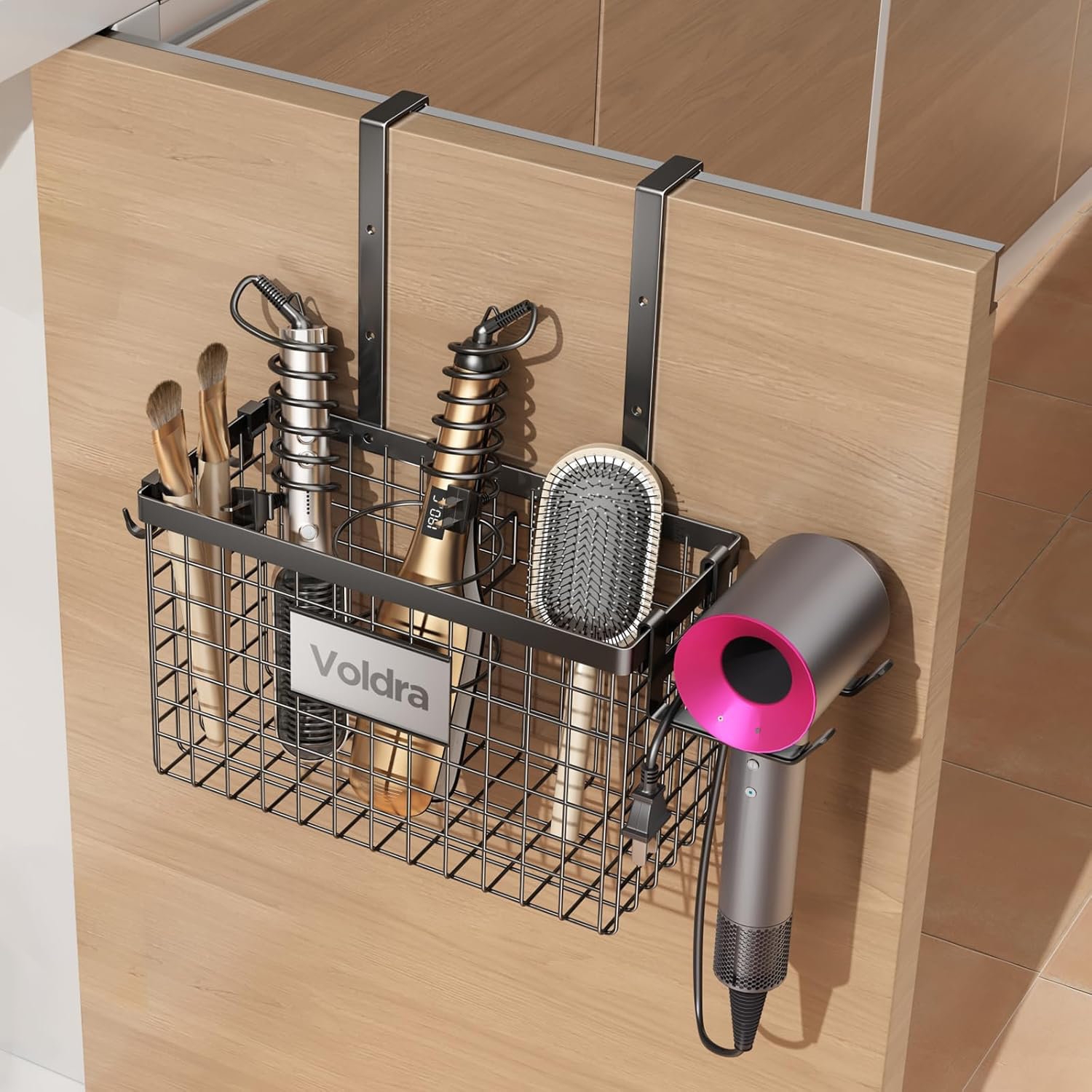 Hair Tool Organizer: Adjustable matte black cabinet door caddy
