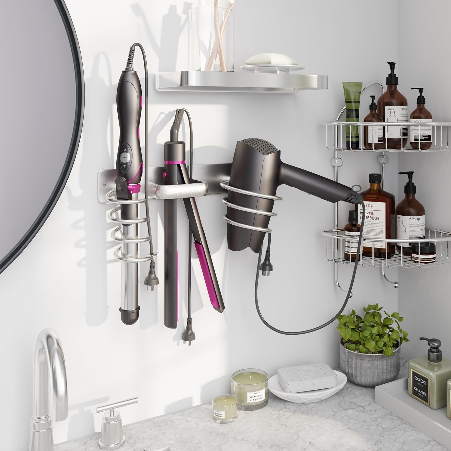 Hair Tool Organizer: Brushed silver 3-in-1 styling station storage