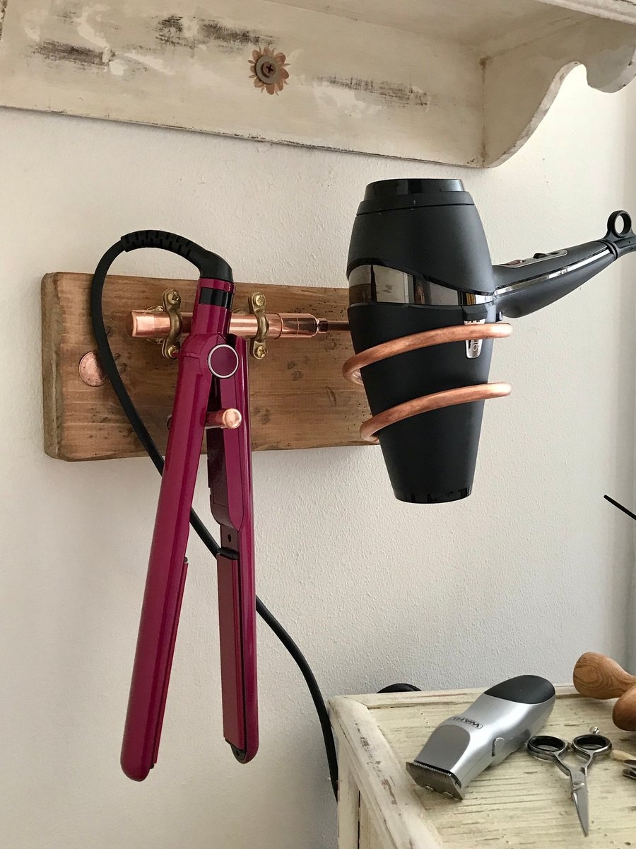 Hair Tool Organizer: Industrial copper pipe hair dryer rack and wood