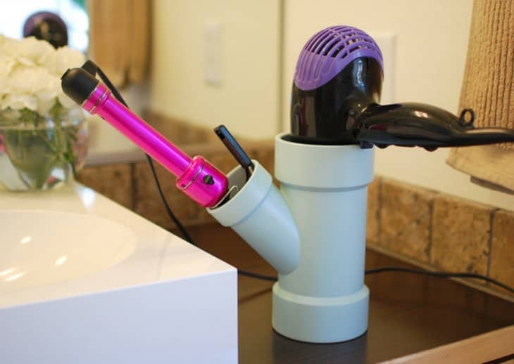 Hair Tool Organizer: Light blue PVC Y-pipe storage solution