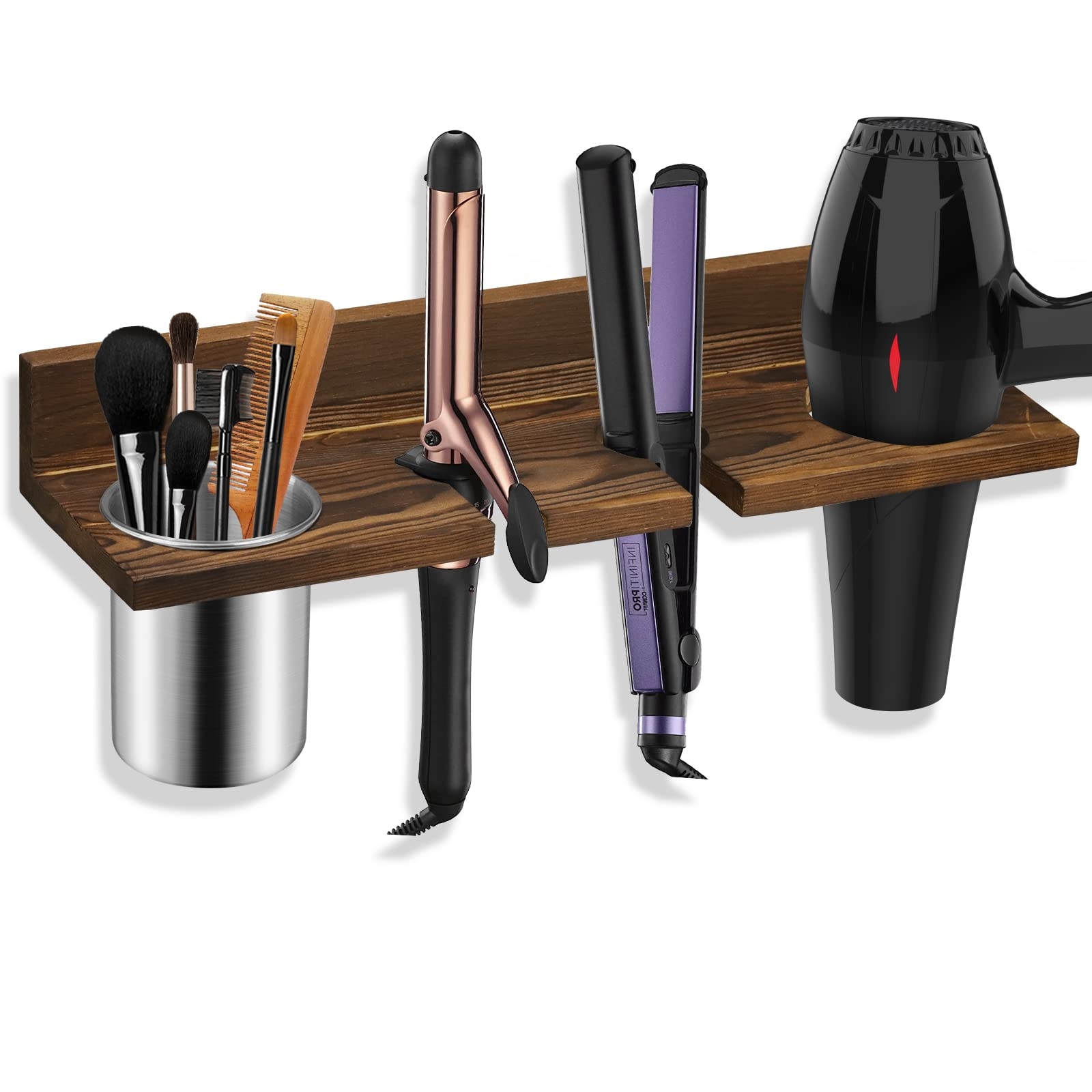 Hair Tool Organizer: Walnut brown floating shelf and rustic styling tools