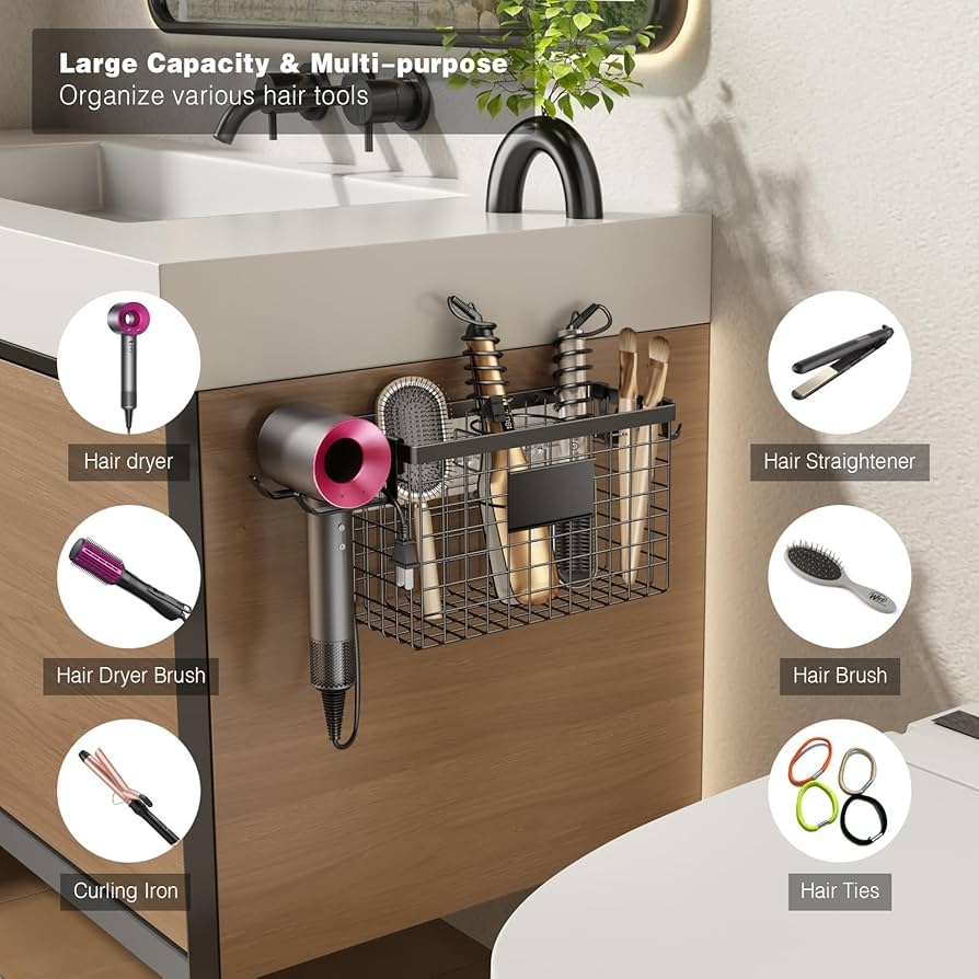 Hair Tool Organizer: Wire mesh matte black side cabinet storage basket