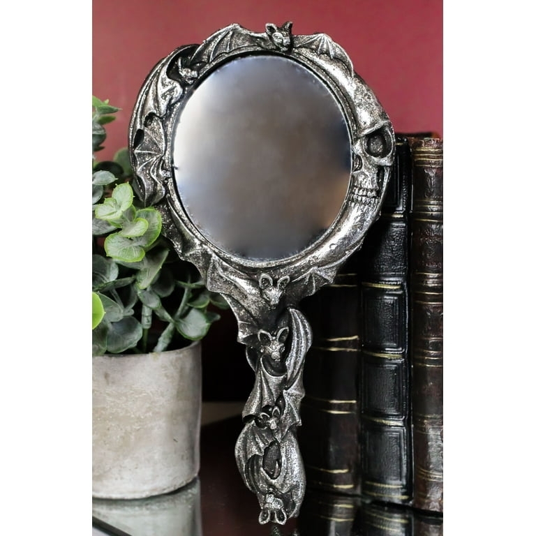Hand Mirror with Bat Sculptures, Antique Silver Skull Accent