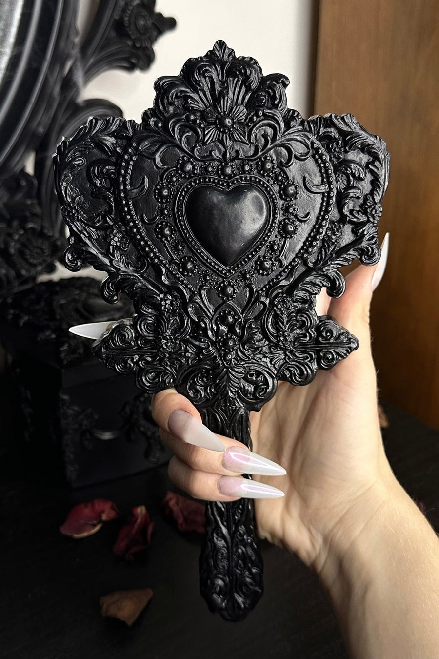 Hand Mirror with Heart Motif and Filigree Frame Detail