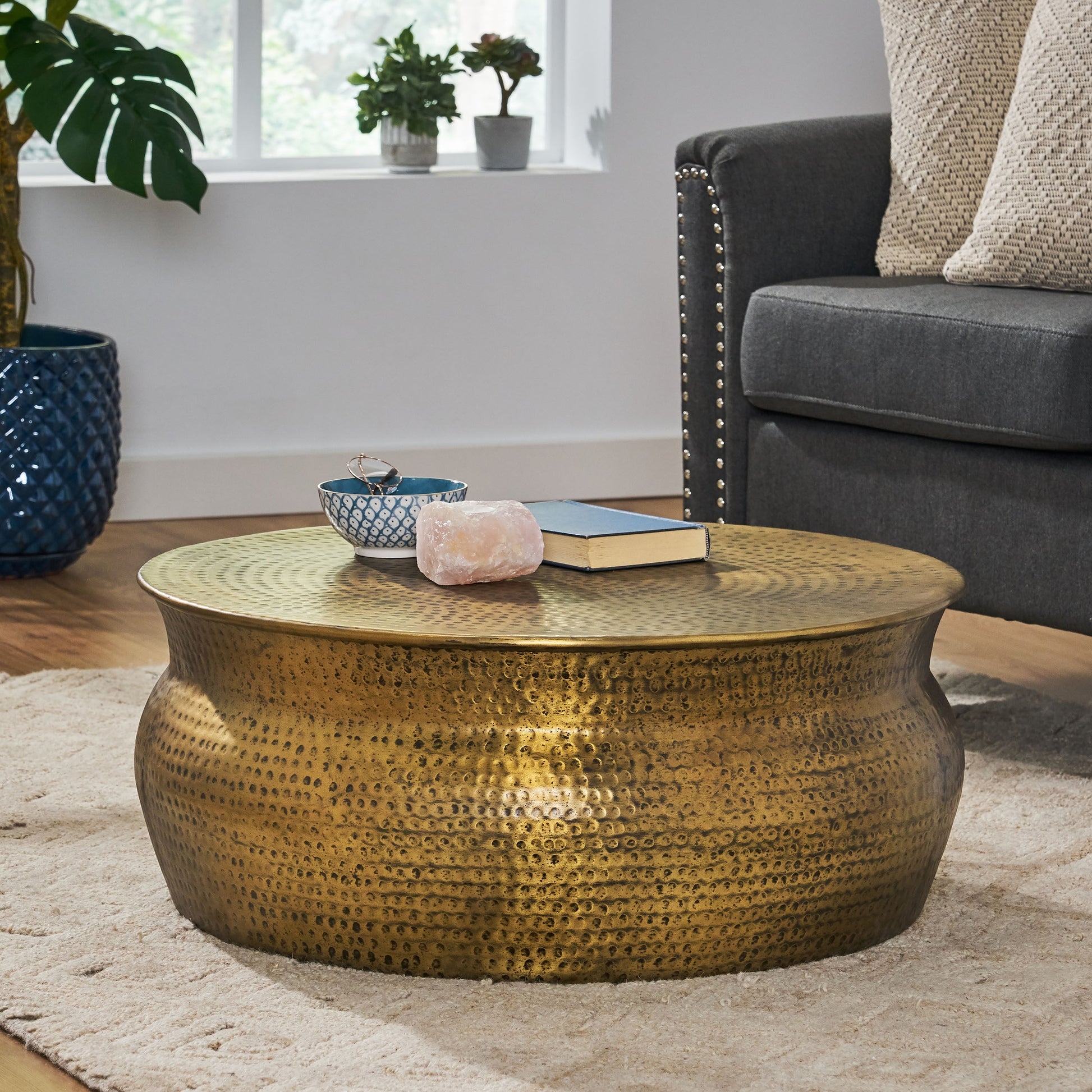 Handcrafted Aluminum Table with Aged Brass Concave Sides