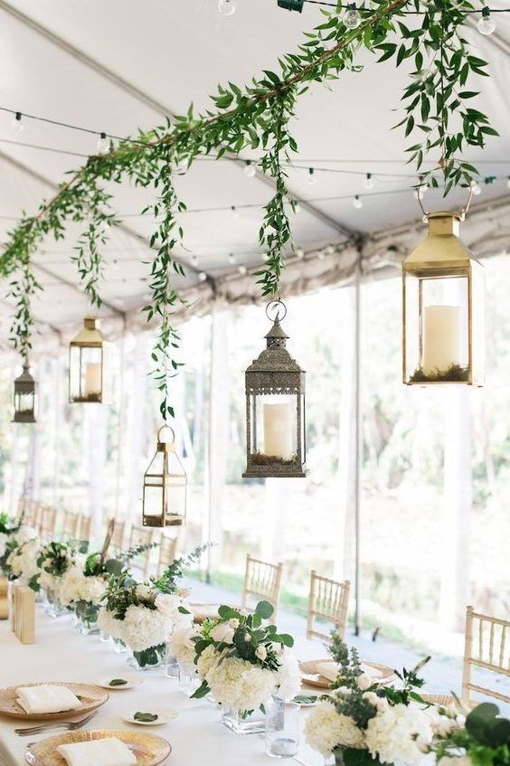 Hanging Lantern Glass Panes Overhead Greenery Installation