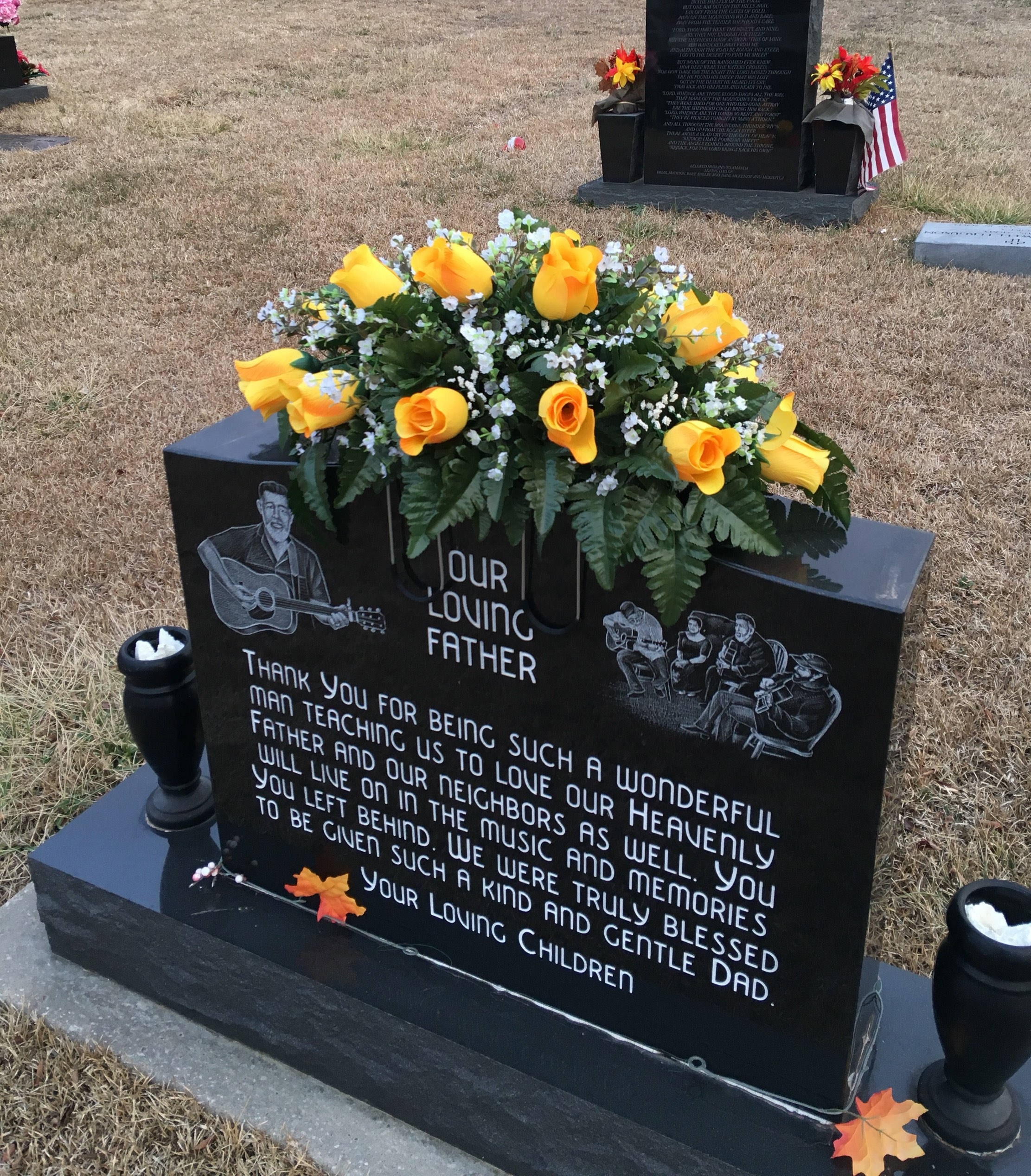 Headstone Saddle Yellow Rose Headstone Saddle and Musical Etchings