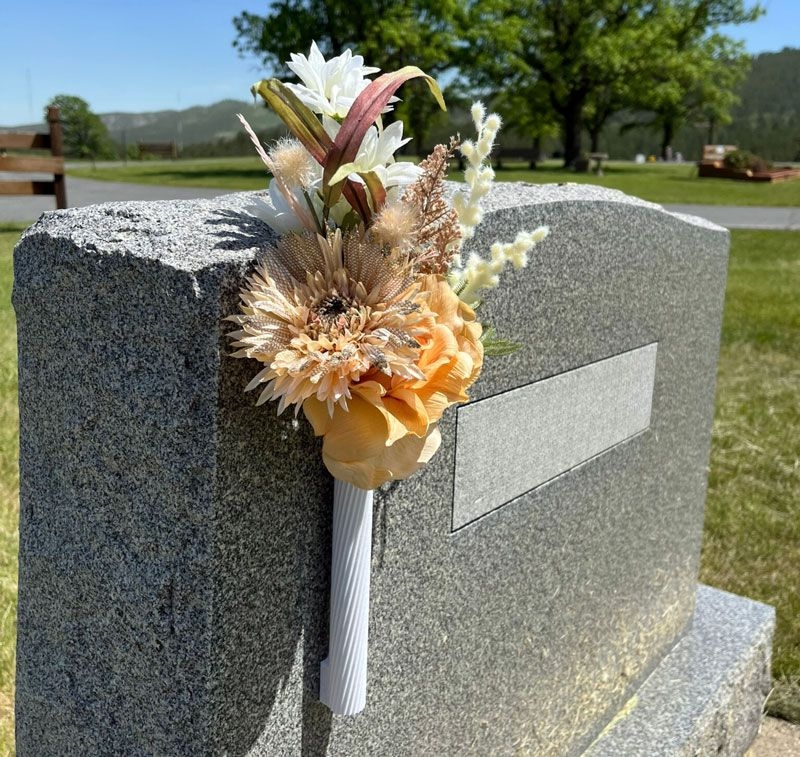 Headstone Vase with Fluted Side Vase and Peach Cemetery Flowers