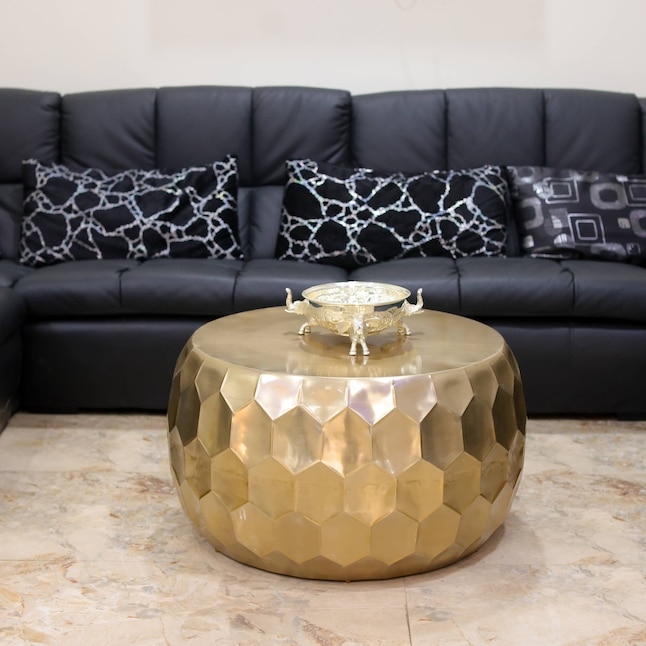 Hexagonal Metallic Table with Faceted Metal Drum Texture