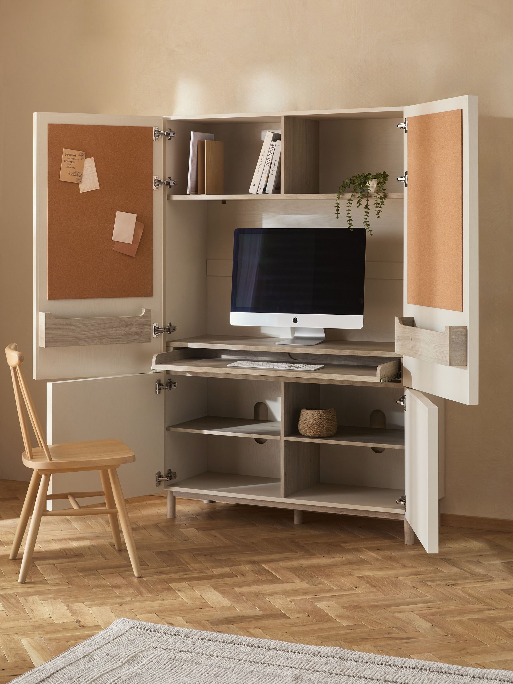 Hideaway Desk Cream Finish Cork Board Minimalist Office