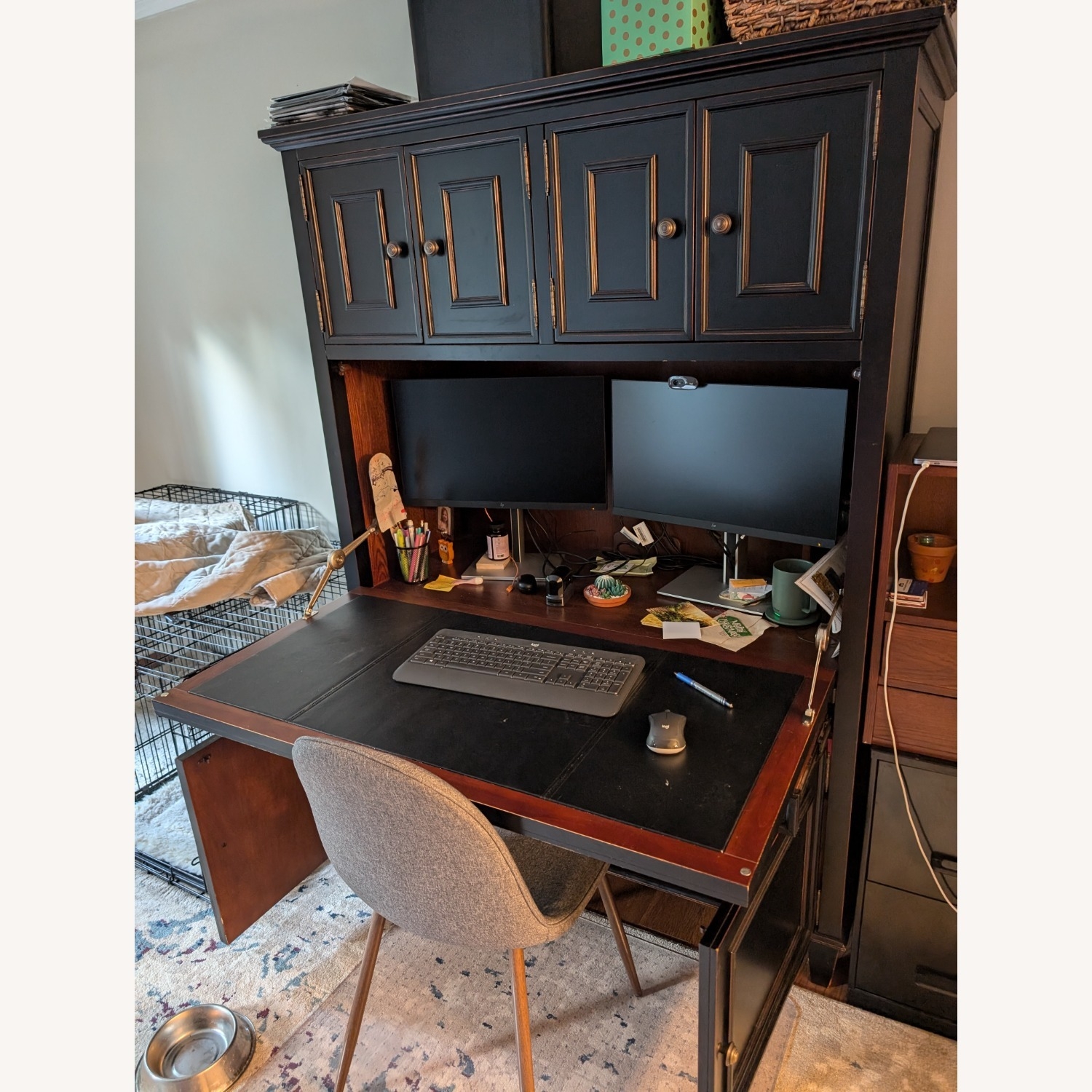 Hideaway Desk Distressed Black Finish Traditional Hutch
