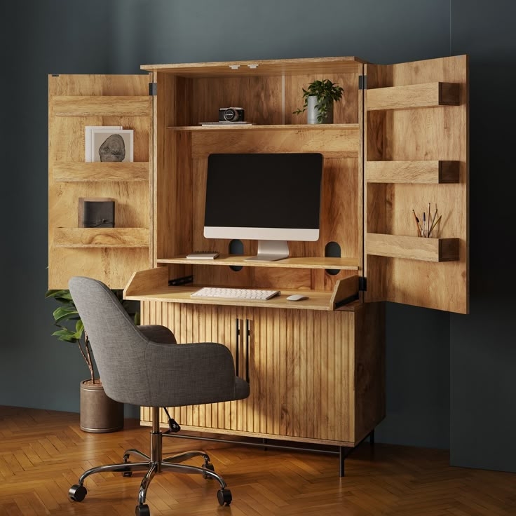 Hideaway Desk Door Storage Bins Slatted Wood Armoire