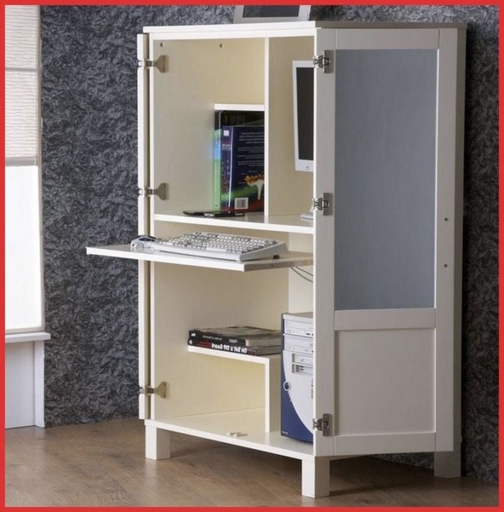 Hideaway Desk Frosted Glass Panel Compact Office Armoire