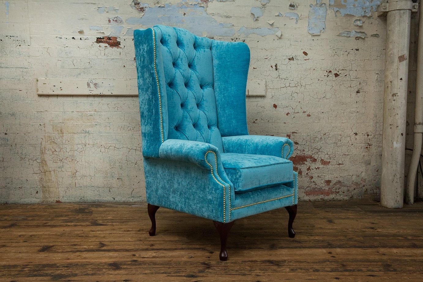 High Back Wing Chair Deep Button Tufting Brass Nailhead Trim Velvet