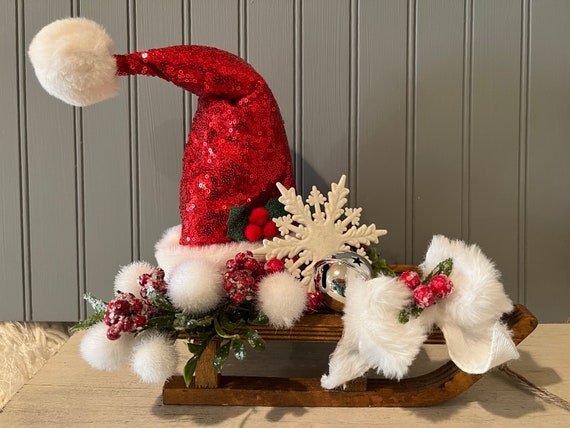 Holiday Centerpiece: Sequin Santa Hat Wooden Sleigh Base