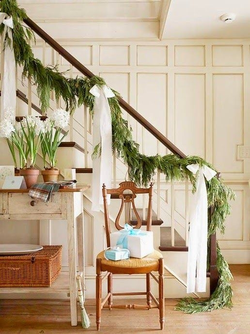 Holiday Garland with Oversized White Bows and Lyre Back Chair