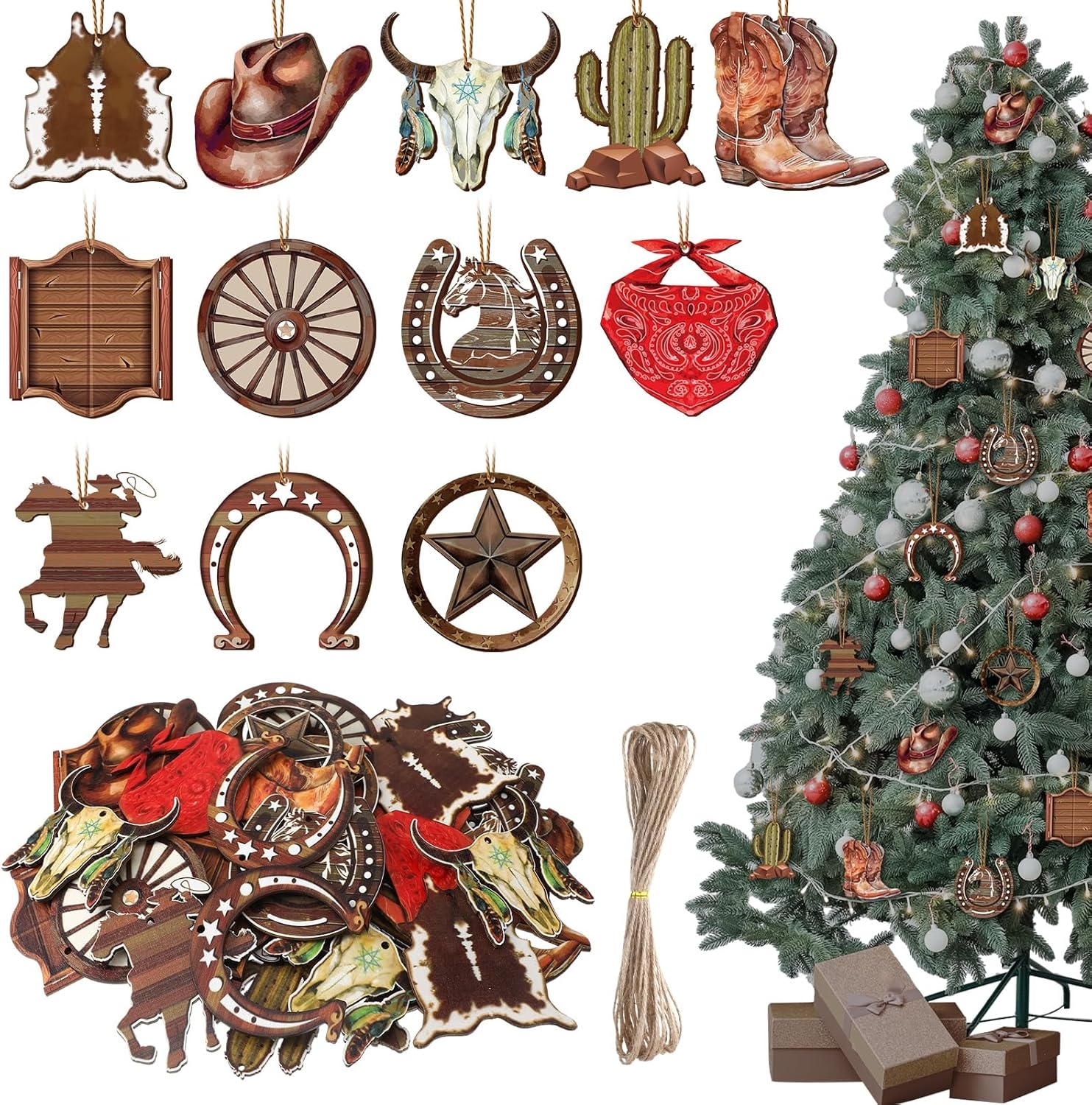 Holiday Ornaments Die Cut Shapes Wood Toned Ranch Style Theme