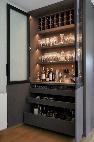 Home Bar Cabinet featuring Integrated Lighting and Shelves
