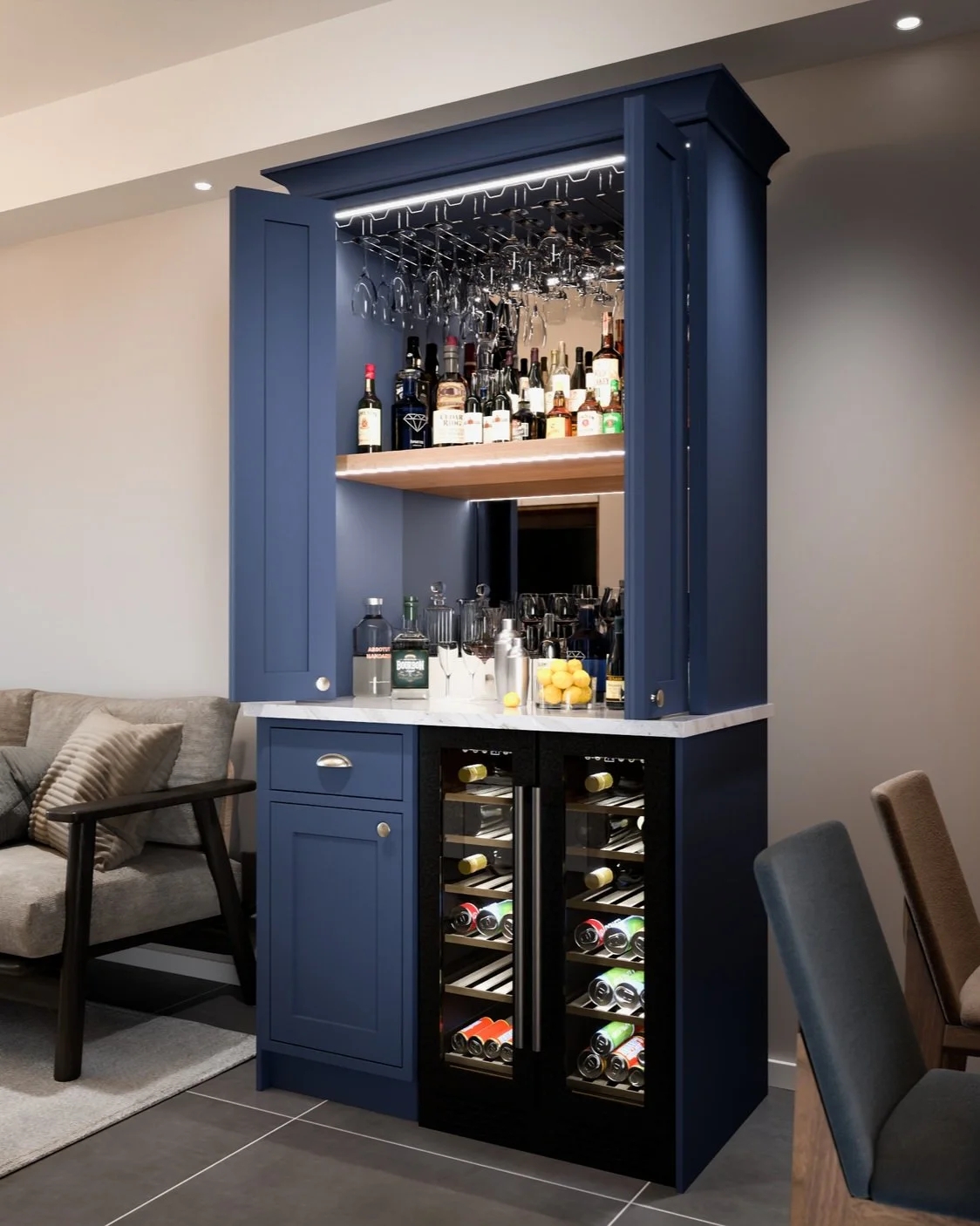 Home Bar Cabinet with Integrated Wine Cooler and Navy