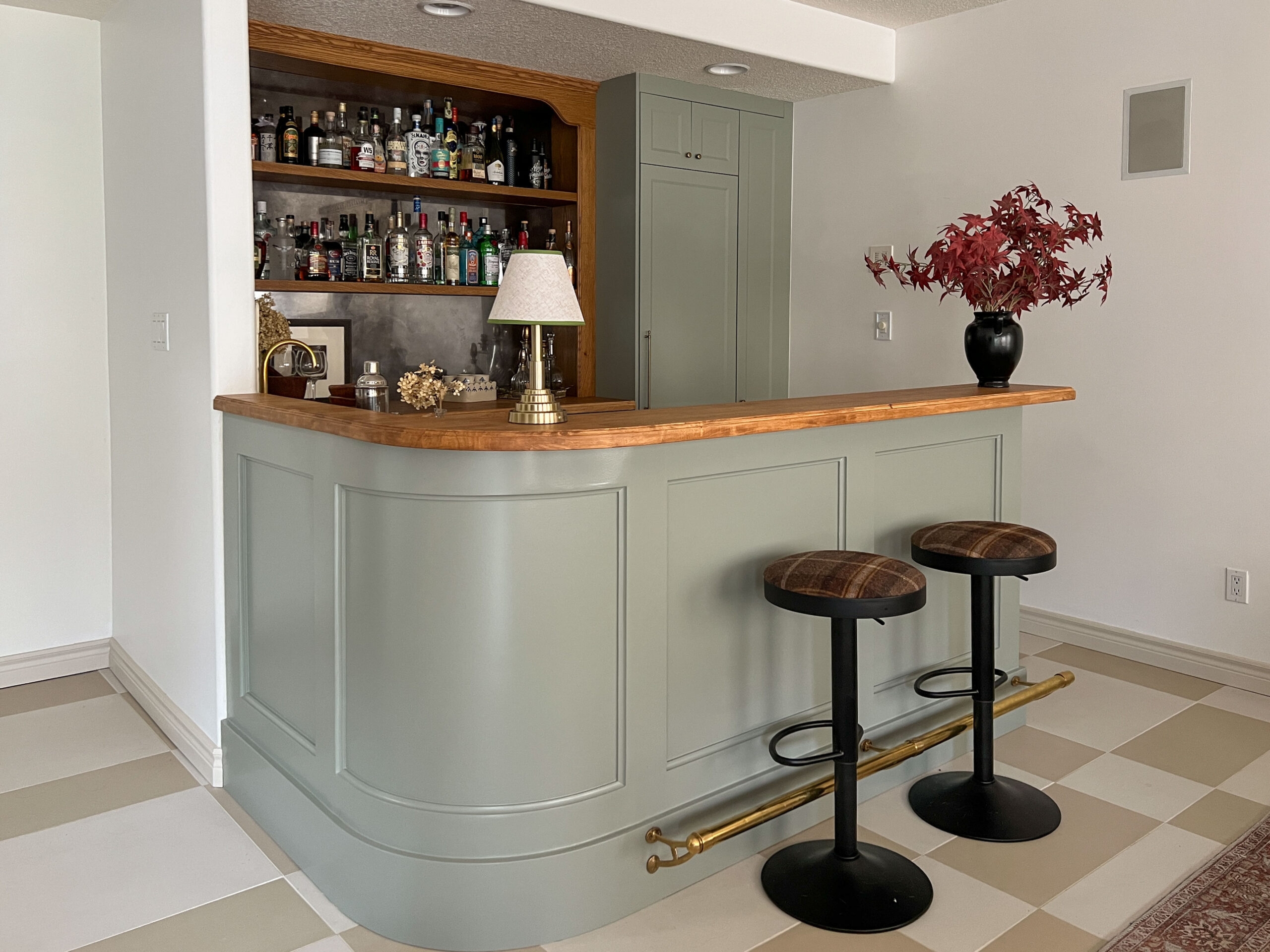 Home Bar: Sage Green Cabinetry with Curved Corner