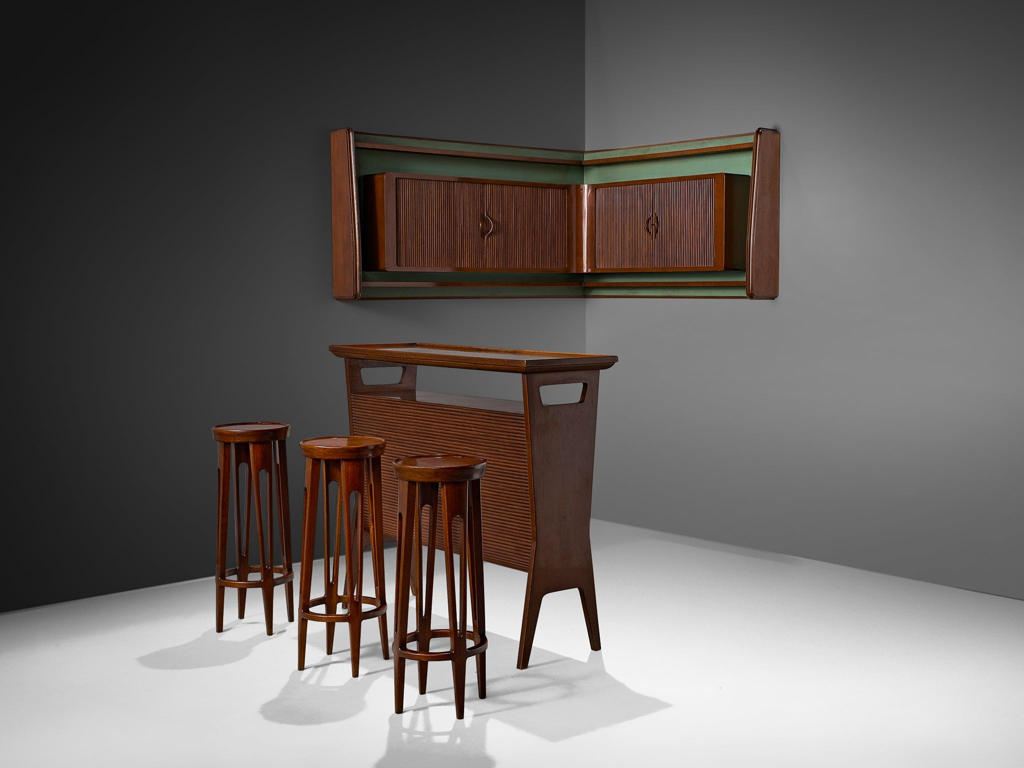 Home Bar Set and Reeded Texture Walnut Corner Bar Cabinet