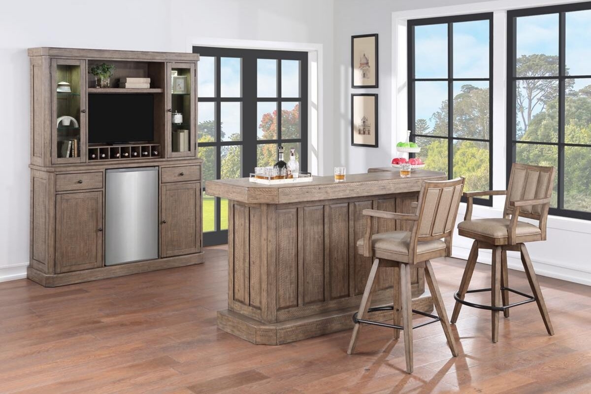 Home Bar Set in Weathered Finish with Wine Storage Hutch