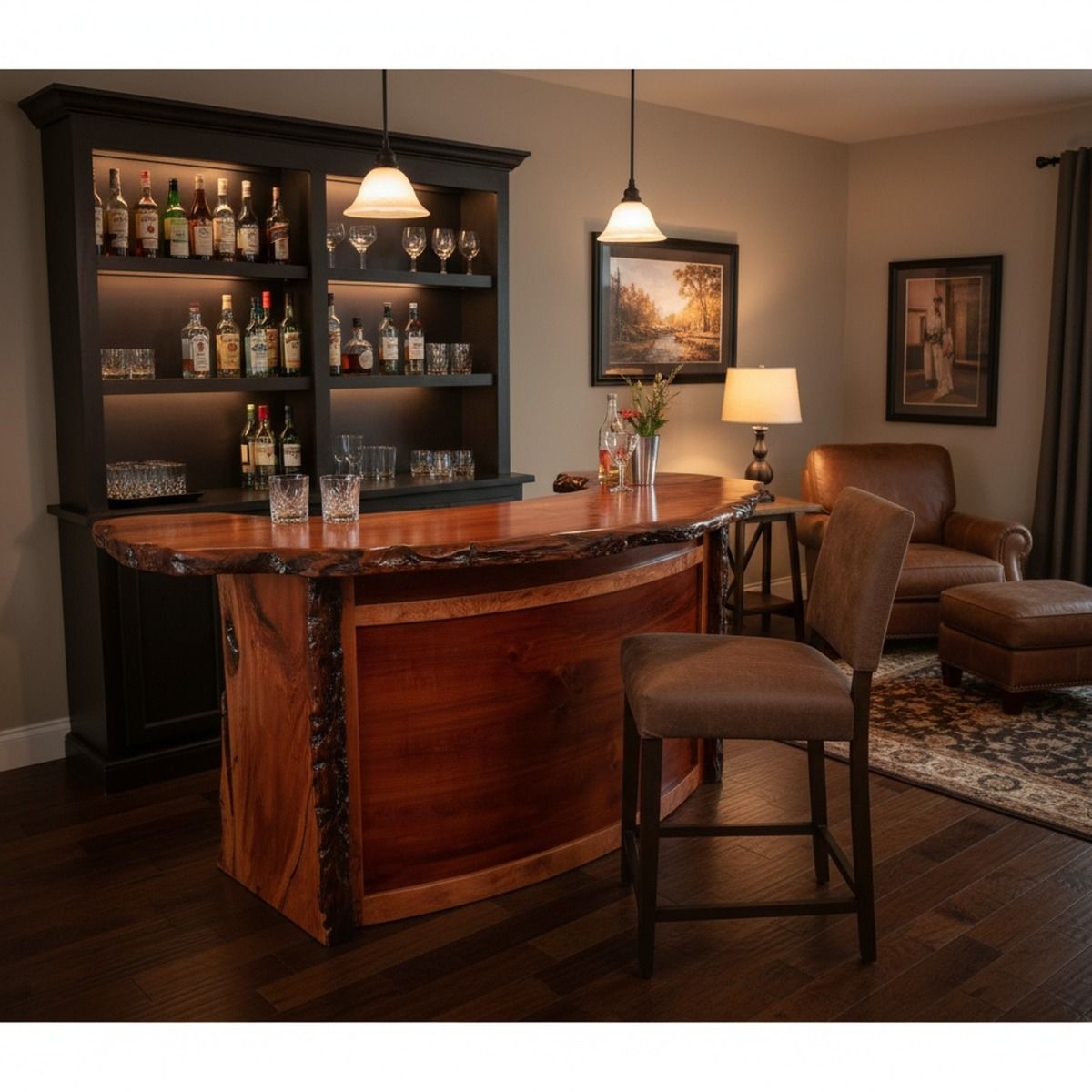 Home Bar Set: Rustic Live Edge Slab with Black Hutch