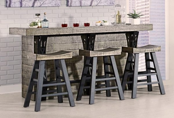 Home Bar Set with Distressed Gray Finish and Saddle Seat Stools