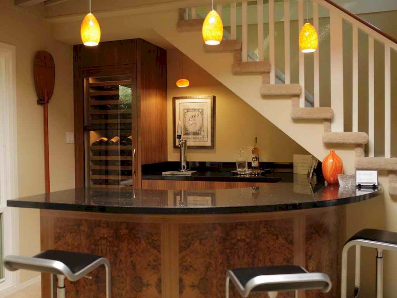 Home Bar: Under Stairs Nook with Burl Wood Paneling