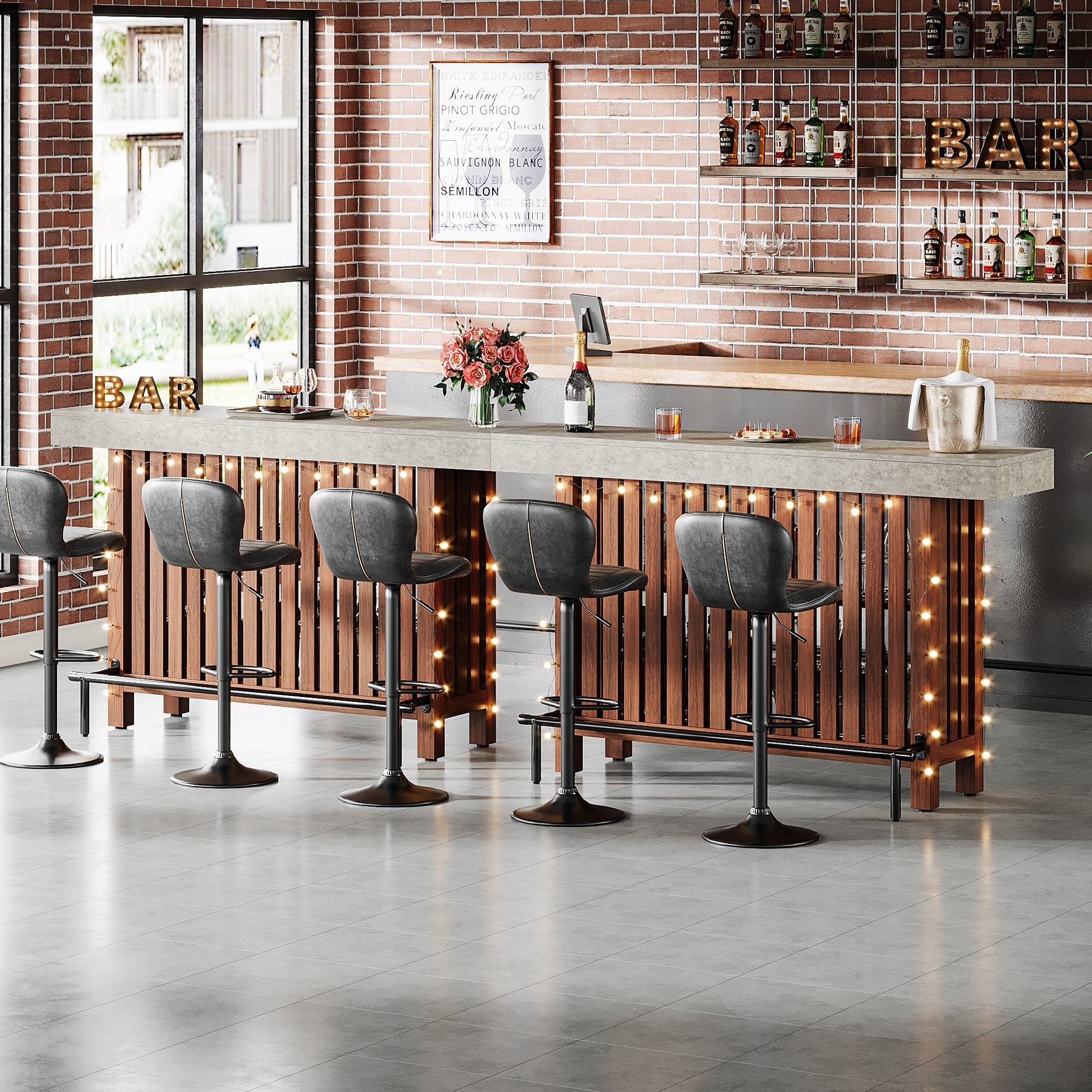Home Bar Unit with Integrated String Lights and Slatted Wood Front