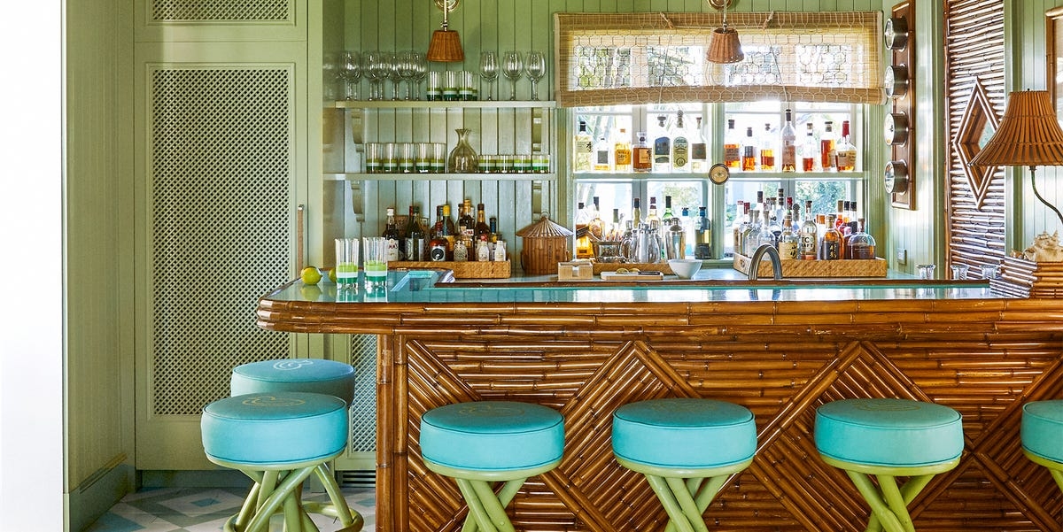 Home Bar with Chevron Bamboo Front and Tropical Tiki Inspiration