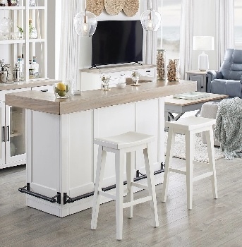 Home Bar with Industrial Pipe Footrest and White Bar Island
