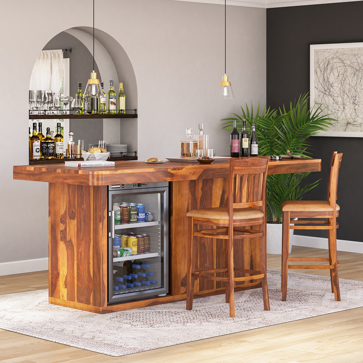 Home Bar with Integrated Fridge Niche and Modern Rustic Design