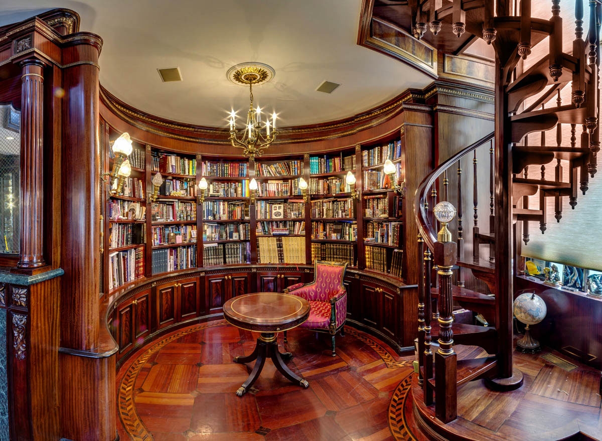 Home Library Curved Bookshelf and Spiral Staircase