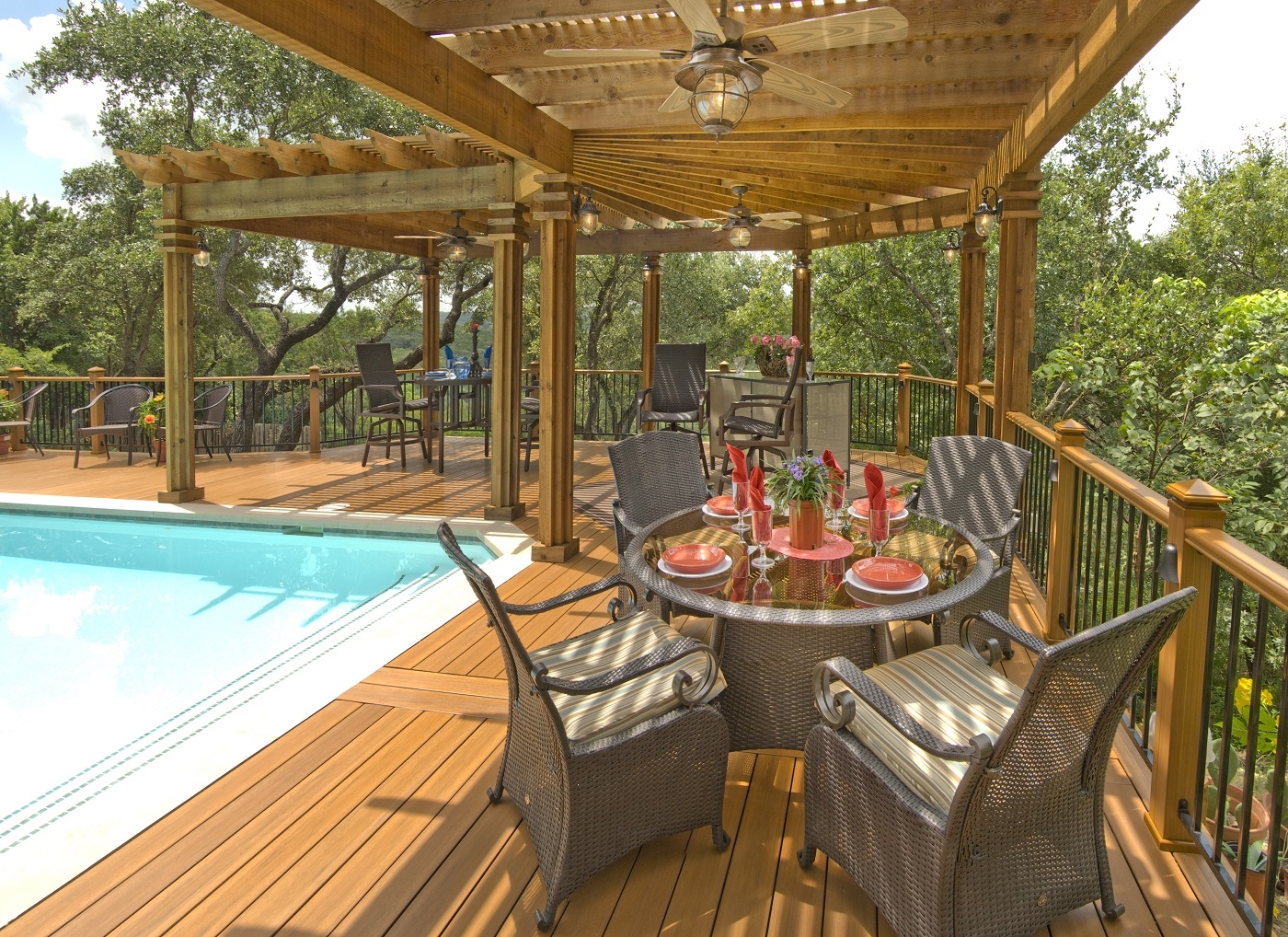 Honey Pergola L-Shaped Wood with Integrated Ceiling Fans