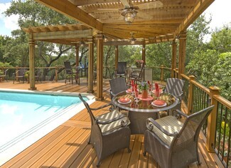 Honey Pergola L-Shaped Wood with Integrated Ceiling Fans