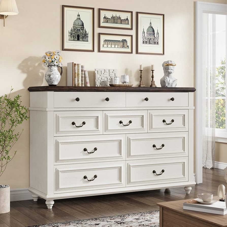Horizontal Dresser Mixed Metal Hardware Farmhouse 9-Drawer