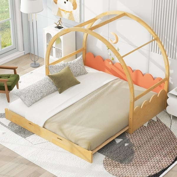 House Bed Natural Wood Half Dome Arch Scalloped Rail