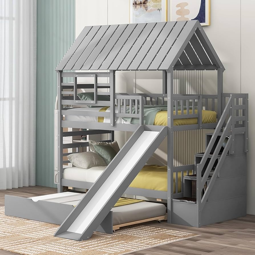 House Bunk Bed Slatted Roof Charcoal with Built-in Slide & Stairs