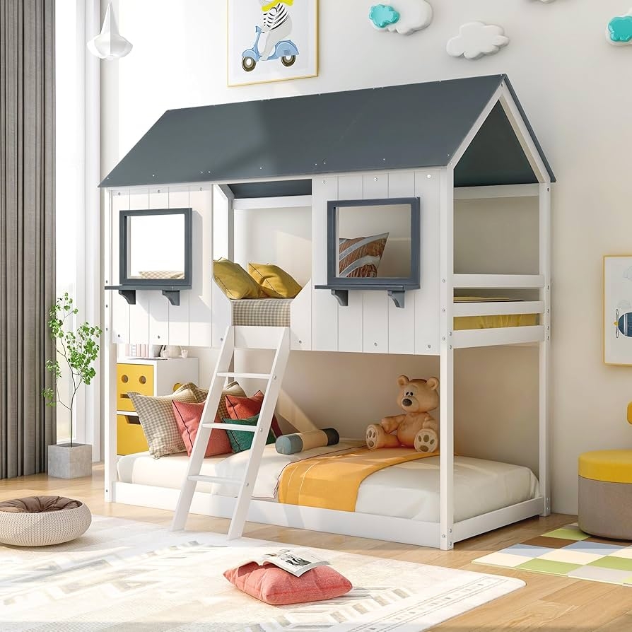 House Bunk Bed Window Ledges White Wood Floor Level Bunk