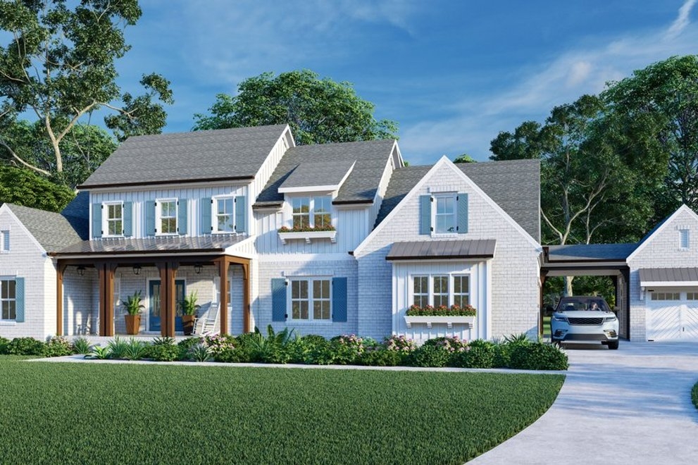 House Exterior with Slate Blue Shutters and White Brick Design