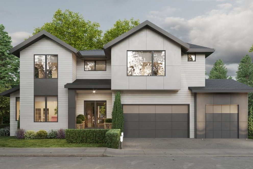 House Exterior with Two Tone Garage Doors and Modern Farmhouse Peak