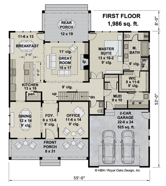 House Plan with 1986 Sq Ft and Open Concept Kitchen Layout