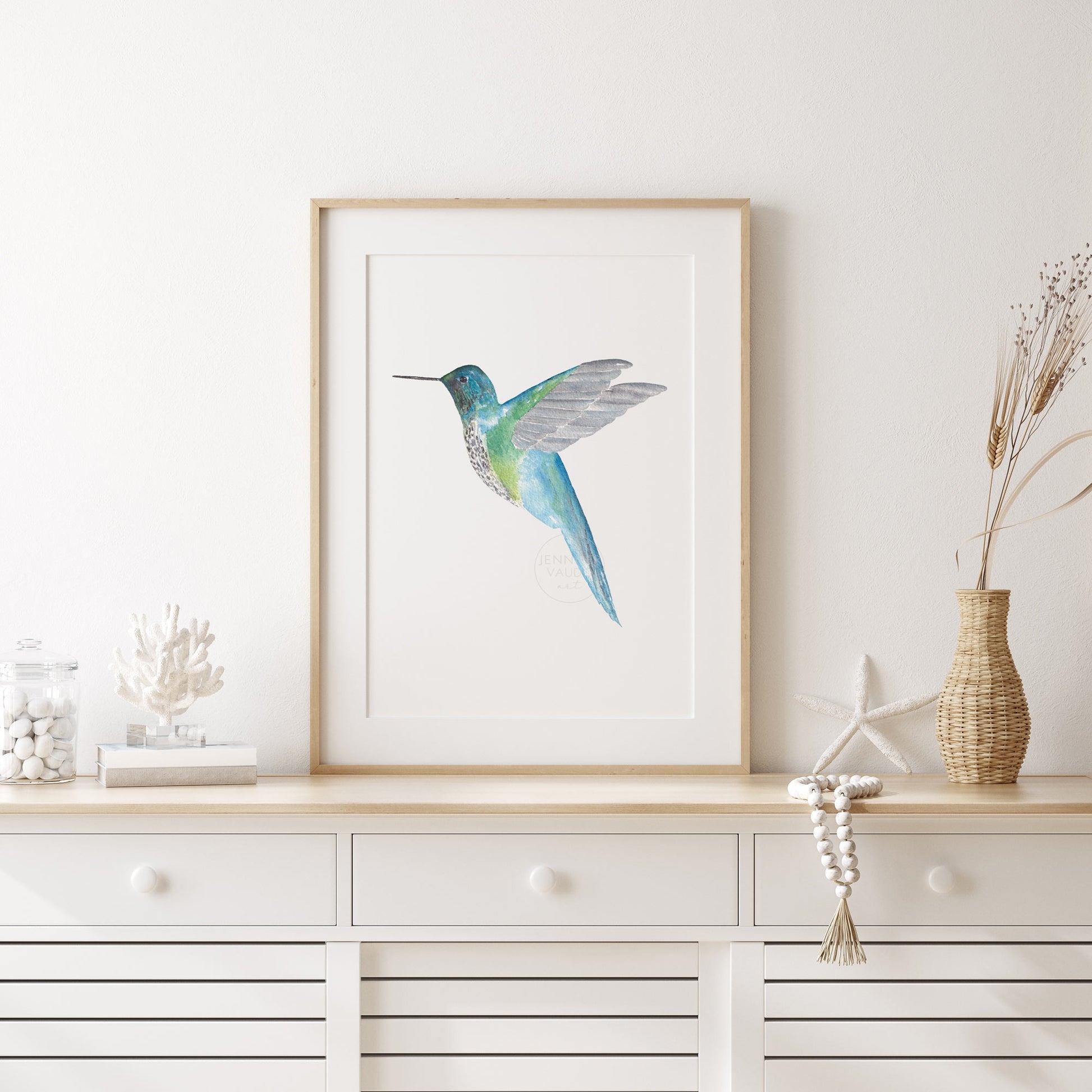 Hummingbird Wall Art: Light Wood Frame Coastal Watercolor Decor