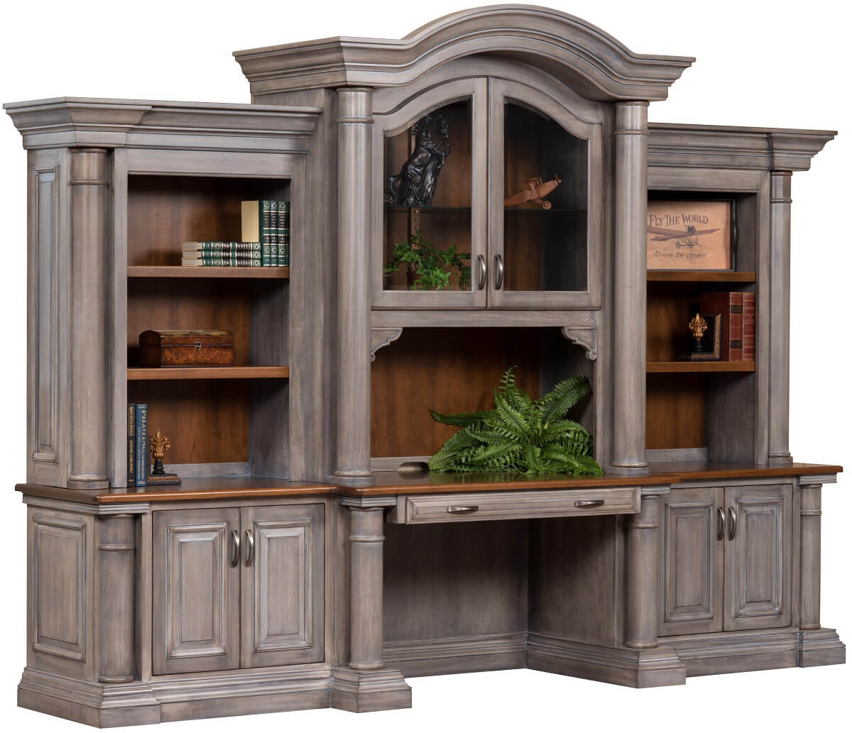 Hutch Desk: Two-Tone Library Wall Unit with Arched Glass Doors