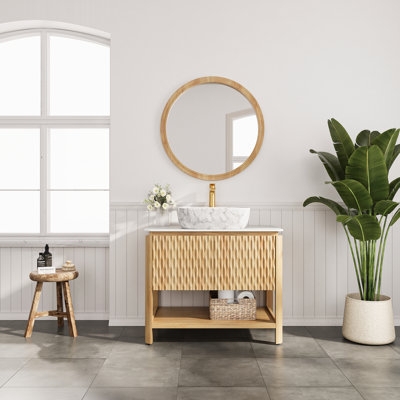 Japandi Bathroom Vanity with Bamboo Texture and Sink